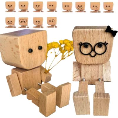 Shaking Feet Wooden Doll Couple, Shaking Wooden Man Figurine with 12 Changeable Magnetic Faces, Couples Gifts, Funny Cars Ornaments Wood Desktop Decor Valentines Day Gifts for Boyfriend Girlfriend