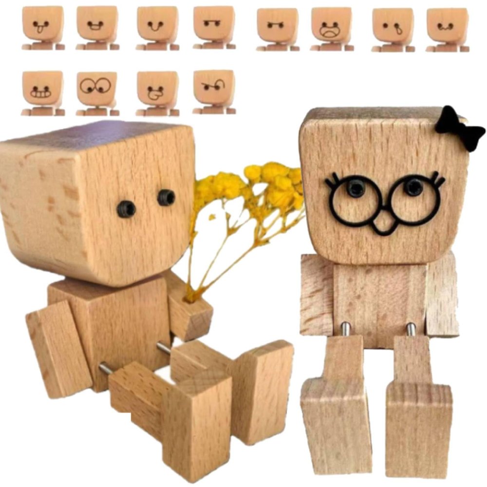 Shaking Feet Wooden Doll Couple, Shaking Wooden Man Figurine with 12 Changeable Magnetic Faces, Couples Gifts, Funny Cars Ornaments Wood Desktop Decor Valentines Day Gifts for Boyfriend Girlfriend
