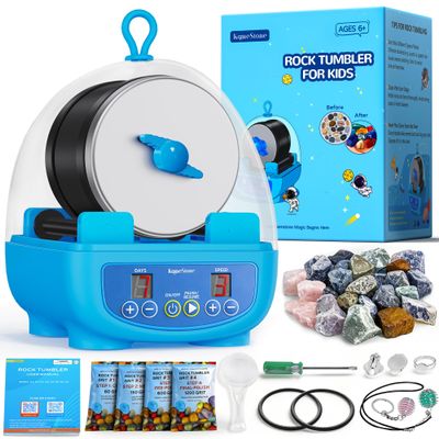 Rock Tumbler Kit for Kids & Beginners 1LB Quiet Rock Polisher with Noise-Reducing Cover, 3 Speeds, 9-Day Timer & Memory, Complete STEM Gift with Rocks & 4-Stage Grit