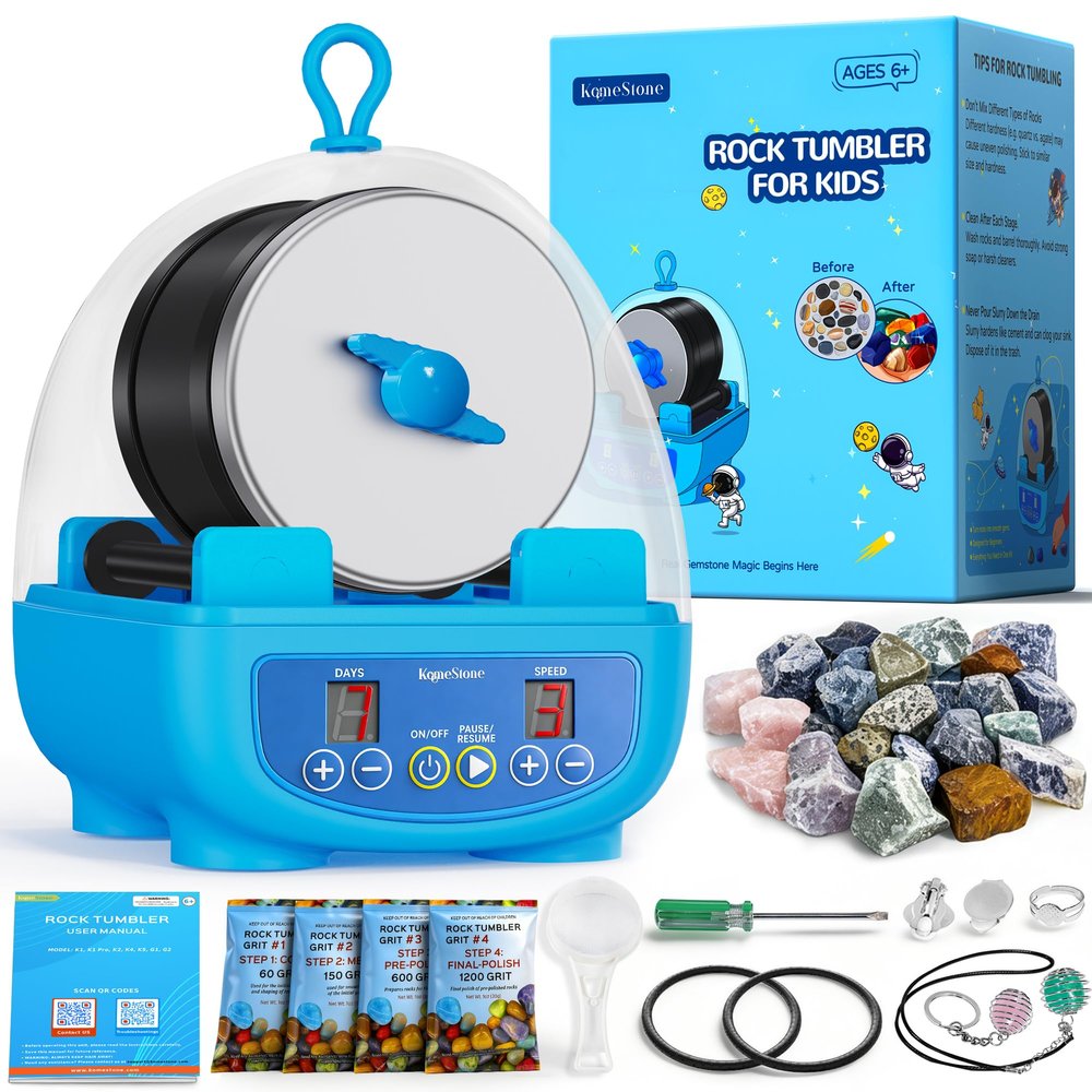 Rock Tumbler Kit for Kids & Beginners 1LB Quiet Rock Polisher with Noise-Reducing Cover, 3 Speeds, 9-Day Timer & Memory, Complete STEM Gift with Rocks & 4-Stage Grit
