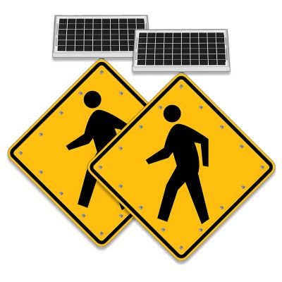 24in Solar Pedestrian Crossing Sign Flashing LED Highlight Road Traffic Blinking Street Warning Sign, Aluminum IP65 Weatherproof Crosswalk Signs for Park School Urban (yellow) 30"-2set