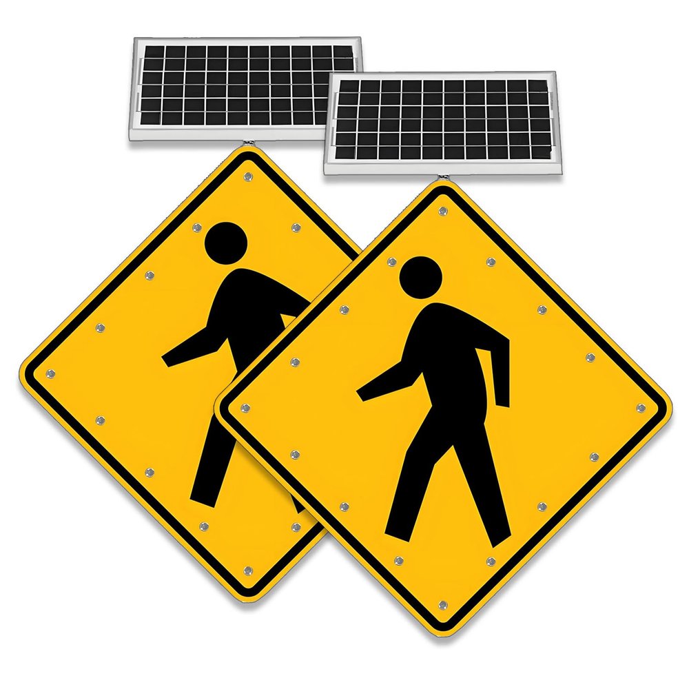 24in Solar Pedestrian Crossing Sign Flashing LED Highlight Road Traffic Blinking Street Warning Sign, Aluminum IP65 Weatherproof Crosswalk Signs for Park School Urban (yellow) 30"-2set