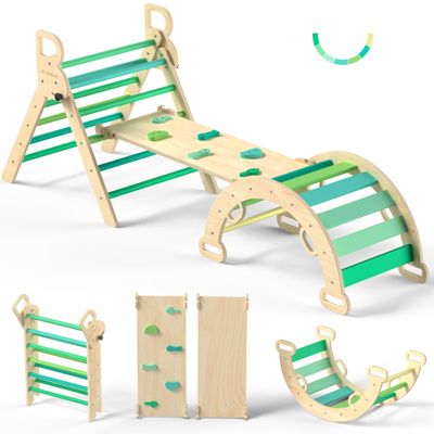 BlueWood Pikler Triangle Set, Toddler Wooden Climbing Toys Indoor 7in1 Foldable Climber for Kids, Montessori Philosophy Play Jungle Gym with Arch, Ramp, Ladder (Green Summer)