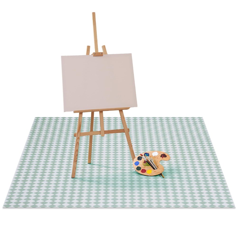 Drydiet 55x55 Inch Extra Large Craft & Painting Floor Mat - Waterproof Non-Slip PVC Art Rug, Floor Protector for Easel Painting Pottery Messy Projects, Washable Roll-up Spill Mat(Green, Argyle)