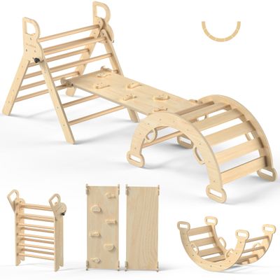 BlueWood Pikler Triangle Set, Toddler Wooden Climbing Toys Indoor 7in1 Climber, Foldable Kids Climbing Toys, Montessori Play Jungle Gym with Arch, Ramp, Ladder (Natural)