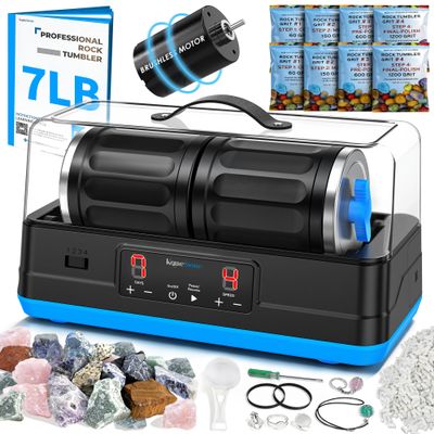 KomeStone Ultra Quiet Brushless Rock Tumbler Kit 7LB Dual Barrel Polisher with Noise-Canceling Cover, Complete Gemstone & Jewelry STEM Set for Adults & Gift