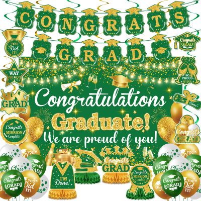 Green Gold Graduation Decorations Class of 2026 Green Gold Graduation Party Supplies Include Congrats Grad Banner Backdrop Congratulations Balloons Hanging Swirl Honeycomb for High School College