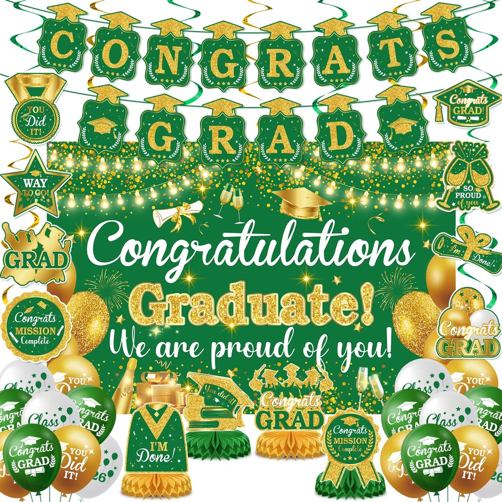 Green Gold Graduation Decorations Class of 2026 Green Gold Graduation Party Supplies Include Congrats Grad Banner Backdrop Congratulations Balloons Hanging Swirl Honeycomb for High School College