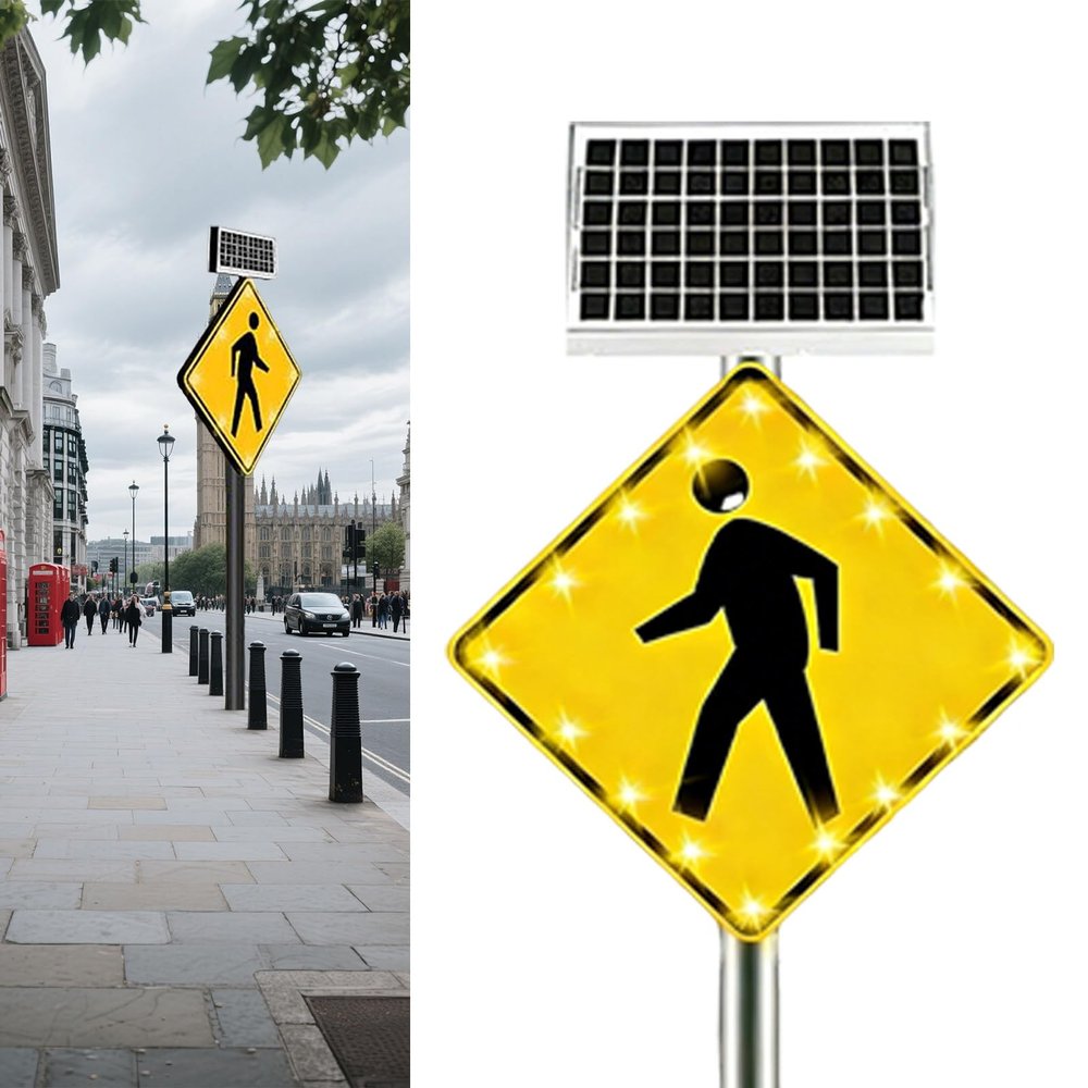 Sunseota Flashing LED Pedestrian Crossing Sign, Street Traffic Warning Sign Rust-Free Aluminum Crosswalk Signage with Solar Powered, 24"/30", 16 LEDs, Engineering Grade Reflective Film 30in