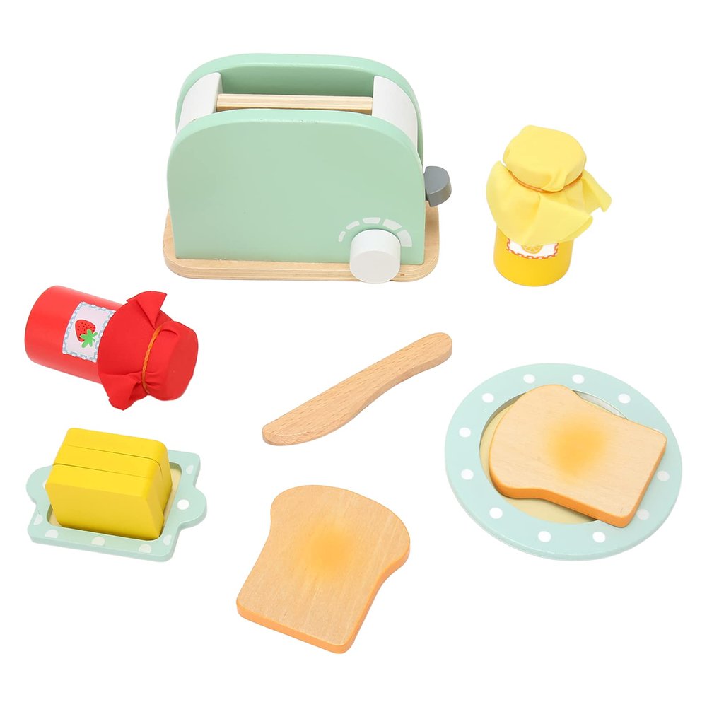 Gavigain Wooden Toaster Play Set Safe Bread Maker Toy Kids Hand Eye Coordination Kitchen