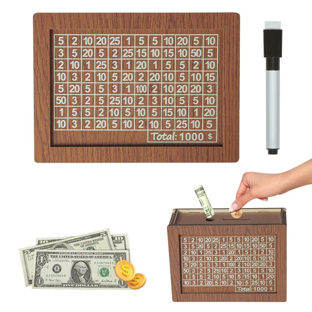 2026 Upgrade Cash Vault Wooden Savings Box, 10000 Savings Challenge Box Wooden Cash Saving Boxs, Money Saving Box Wooden Money Boxs with Money Target and Numbers (1000)