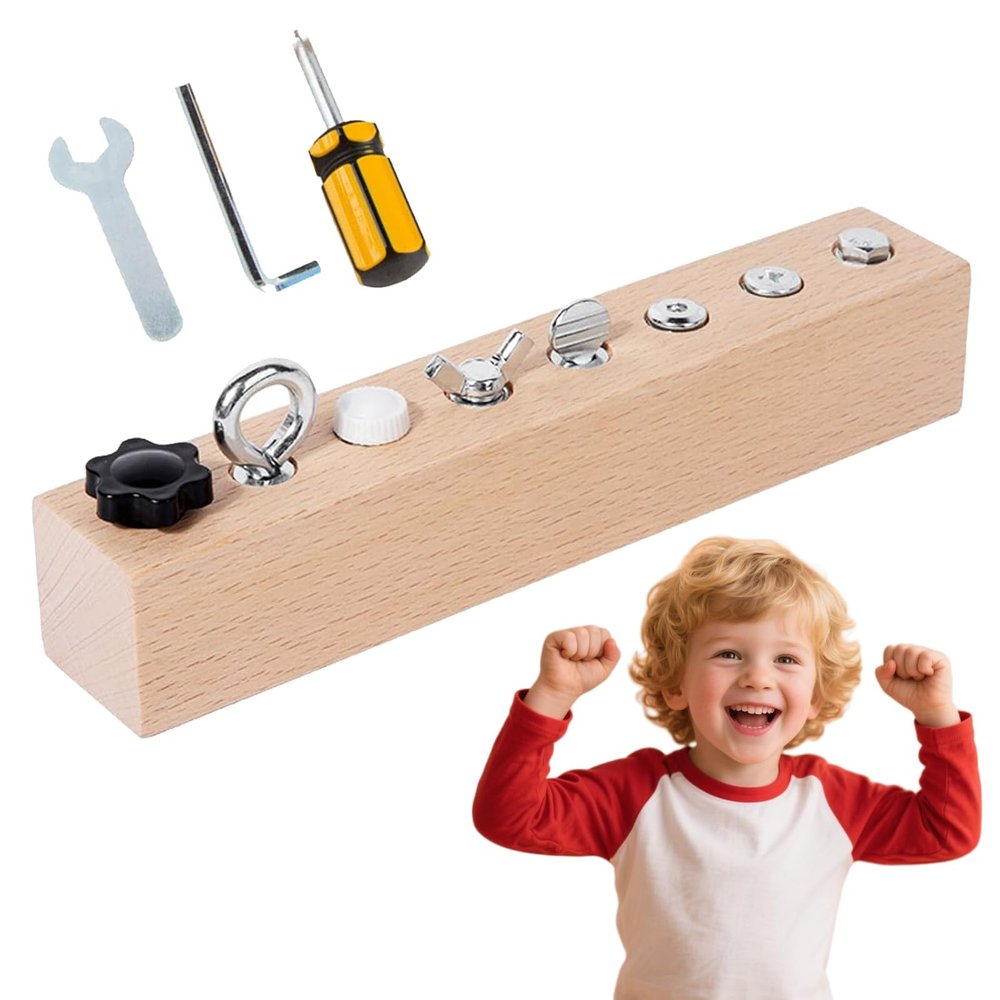 Educational Screw-Tightening Busy Board, Activity Board with Wooden Screwdriver Set, Early Childhood Education Screw-Tightening Toy (8-Hole)