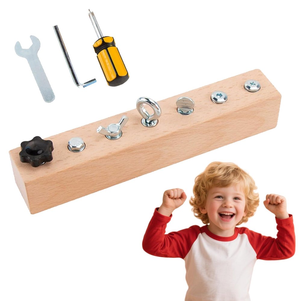 Educational Screw-Tightening Busy Board, Activity Board with Wooden Screwdriver Set, Early Childhood Education Screw-Tightening Toy (7-Hole)