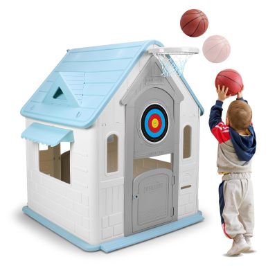 ToysCentral Basics Kids Playhouse Indoor Outdoor Playset Interactive Play with Basketball Hoop Dartboard Garden Games Cottage Plastic Playhouse for Toddlers