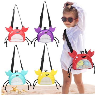 Monetais 4Pcs Kids Beach Bag, Crab Shaped Mesh Seashell Bag with Zipper Personalized Seashell Collecting Pouch for Boys and Girls