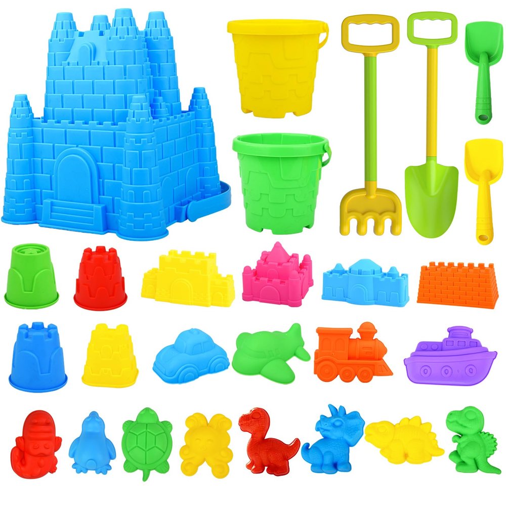 Beach Toys for Kids,28PCS Sand Castle Building Kit with 3 Castle Bucket and Sand Molds,Shovels and Rakes,Mesh Bag,Sandbox Toys for Toddlers,Outdoor Travel Beach Toys for Kids Boys Girls Age 3-10