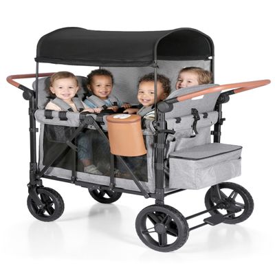 Foldable Wagon Stroller for 4 Kids, All-Terrain Wagon with 5-Point Harness, Canopy,high Seats Insulated Snack Pack, Adjustable Handle, Parent Organizer for Outdoor Use (Grey)