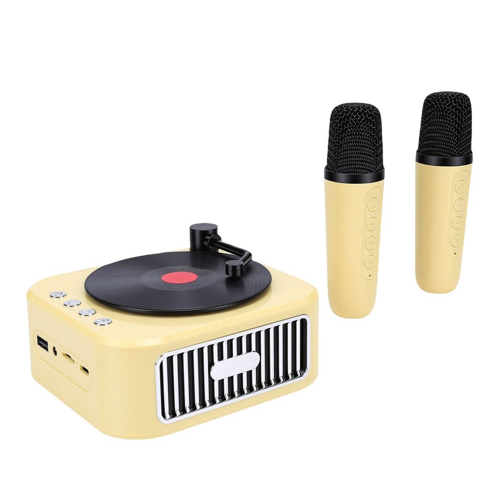 Zunate Mini Karaoke Machine Toy for Kids and Adults, Portable Bluetooth Speaker with 2 Wireless Mics, Retro Record Player Design, Voice Effects, 5H Playback for Home Party Travel (Yellow)