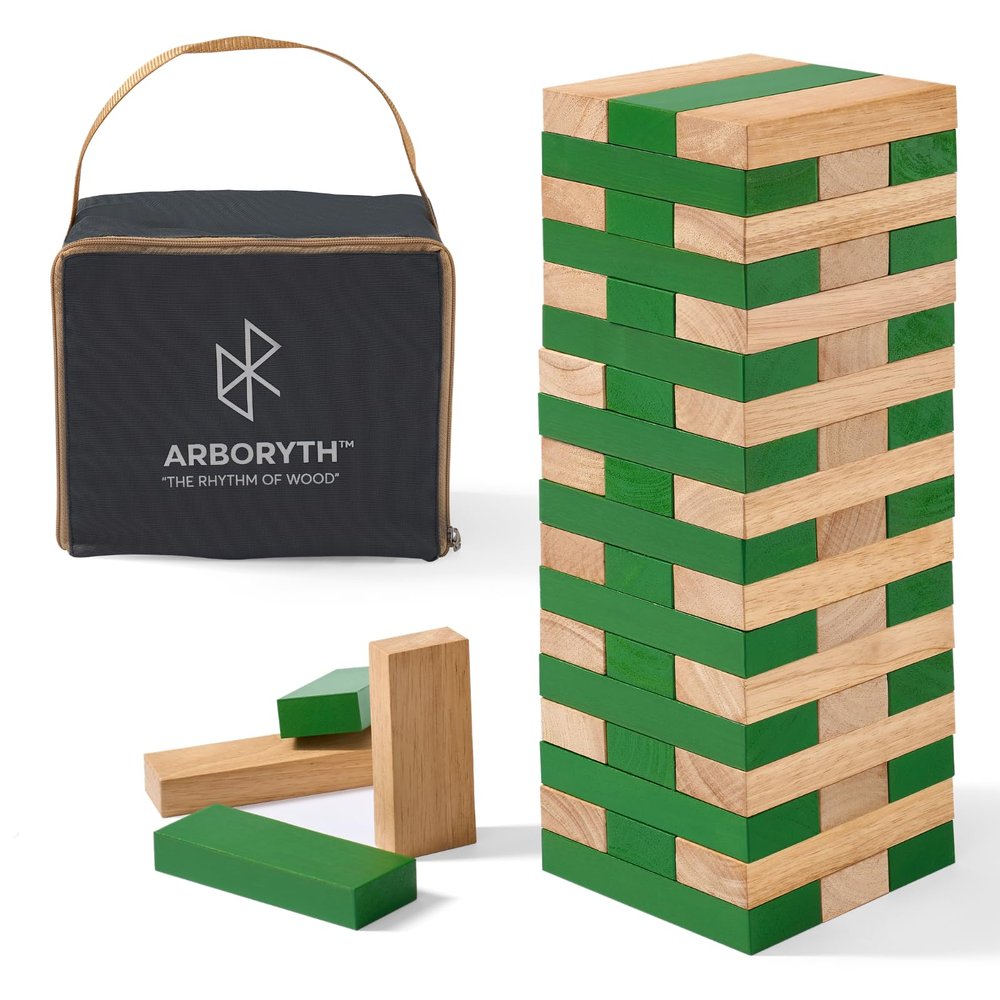 ARBORYTH Stacking Tower Game for Adults & Party Games - Premium Wooden Blocks Lawn Game for BBQ, Backyard & Outdoor Gatherings - Natural Green