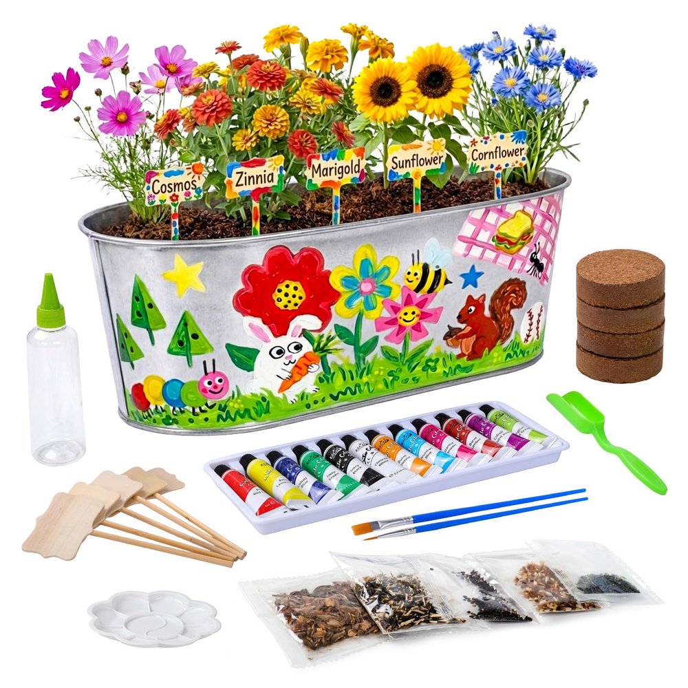 Large Paint & Plant Flower Growing Kit for Kids with 5 Flower Seeds, Gift Ideas Age 5 6 7 8-12 Years, Fun Kids Gardening Set, Birthday Crafts Gifts for Girls & Boys, Art Projects for Ages 5-12 Years