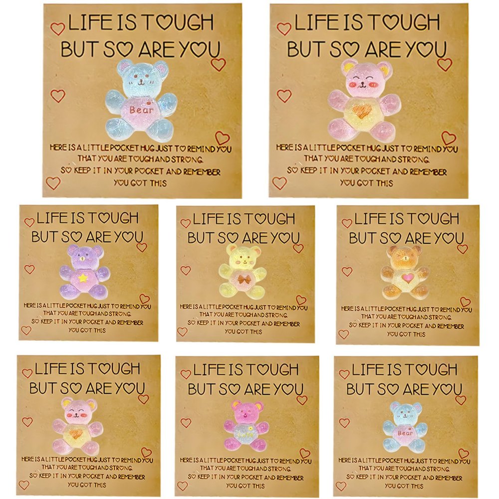 6 Pcs Set Charming Pocket Hug Bear Resin Animal Token Emotional Gifts with Inspirational Card for Friends Family Coworker Staff Student Teacher Gifts Birthdays, Weddings