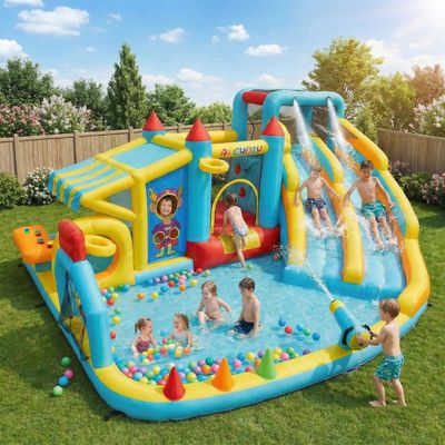 AKEYDIY Bounce House, Double Water Slide Bounce House with Blower for Big Kids 3-12, Inflatable Bounce Castle Outdoor/Indoor Water Slide for Backyard Party with Climbing Wall&Two Slides&Splash Pool