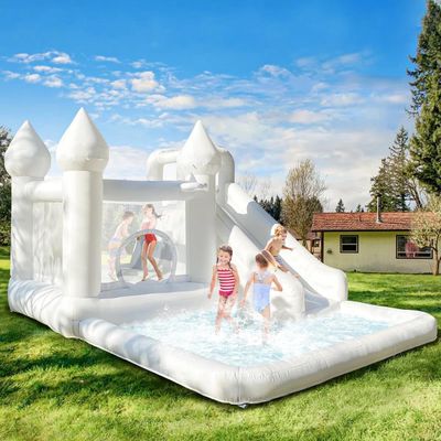 14ft Inflatable Water Slide Bounce House, Oxford Water Slide with Slide and Ball Pool/Pit, White Bounce House with Air Blower for Kids Summer Outdoor Fun