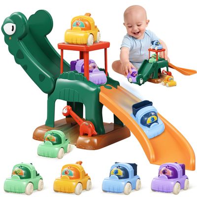 CRATIVWOOD Dinosaur Car Ramp Slide Toy for Toddlers 4 Push Cars with Race Track, Baby Slide Indoor Toy, Montessori Learning Birthday Gift for Boys Girls 1 2 3 Year Old (Green)