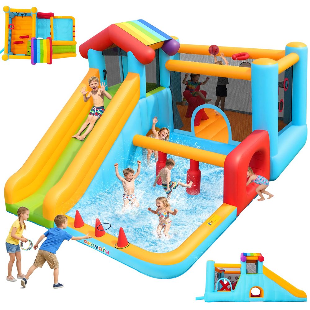 AKEYDIY Bounce House,Inflatable Bounce House for Big Kids 3-12 with Blower Included Indoor/Outdoor Jump House Kids Bouncy House with Extra Long Slide&Large Pool&Tunnel&X Obstacle for Backyard/Party