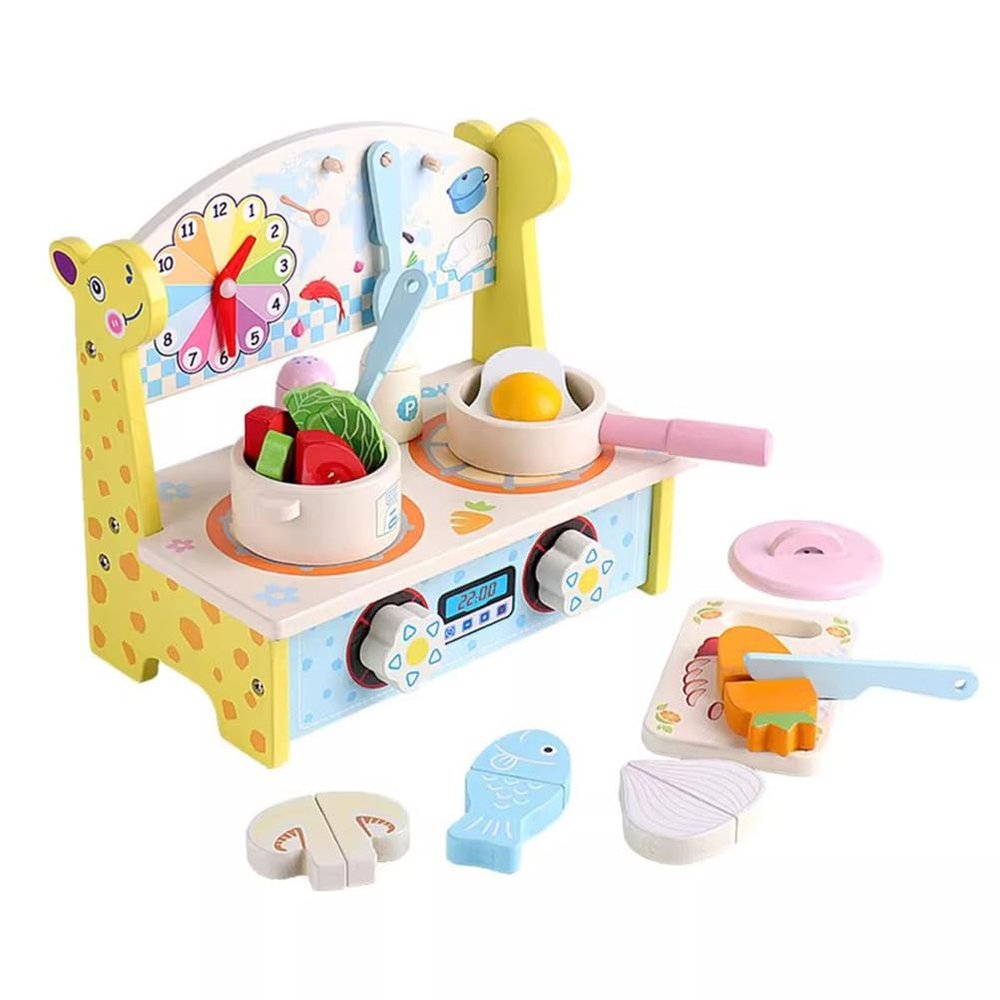 LLTCMAOYI Montessori Wooden Play Cooking Set, Pretend Play Cooking Station with Cutting Food Accessories
