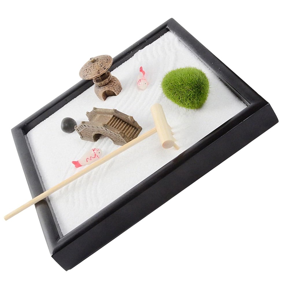 Sacolin Zen Garden Kit, Black Wooden Sand Tray, for Meditation, Japanese Decor, with Mini Rake Rocks and Pagoda, DIY for Desk Home and Office