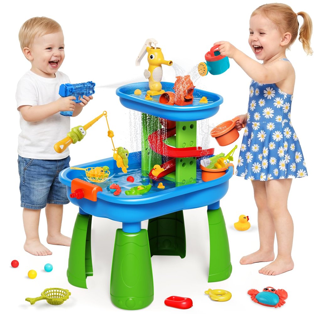 Water Table for Toddlers, Kids Sand & Water Play Table with 28-Piece Set, Outdoor Sensory Water Table Toys for Boys Girls, Play Sink with Rain Shower, Summer Easter Gift for Kids Ages 3 4 5 6 7 8