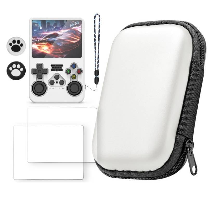 Carrying Case for R36S with 2 Tempered Glass Protective Film + Silicone Protective Cover + 2 Keycaps, Full Body Protection Shockproof EVA Handheld Game Console Case Travel Storage Bag (White)
