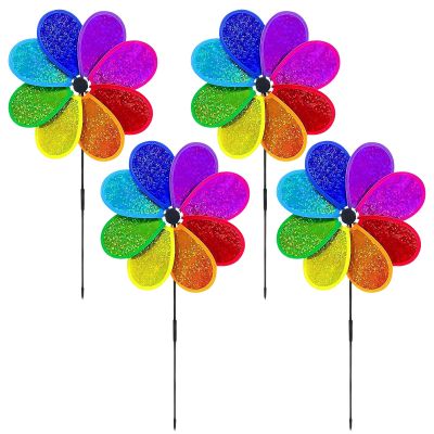4Pcs Flower Spinner Sparkly Pinwheels Colorful Rainbow Garden Windmill for Garden Party Outdoor Yard Decoration Colorful Outdoor Yard Decoration