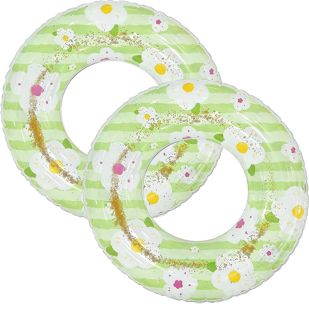 2Pcs Inflatable Pool Floats, Pool Tube Rings, Swim Tubes, Pool Floaties, Beach Swimming Party Floats for Adults Swim Ring Fun Print Pool Lounger Tube for Summer (Green Flower, 30inch)