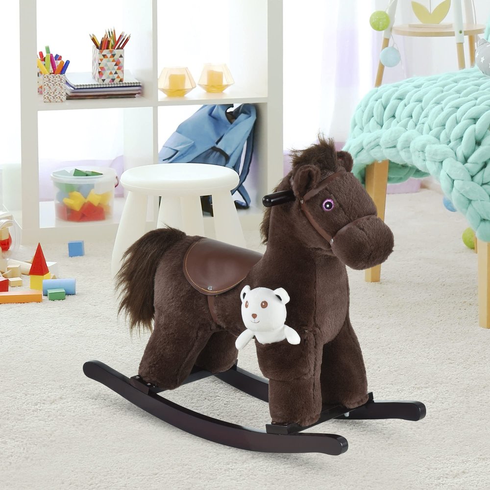 Soft Plush Rocking Horse with Wooden Rocker Base for Gentle Motion and Comfortable Seated Play Experience