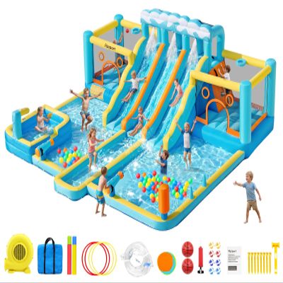 FBSPORT Inflatable Bounce House Water Slide, 3 Slides & 2 Bouncers 10-in-1 Water Slide Park Bounce House with 950W Blower, Bouncy Castle for Kids Backyard Party Outdoor, with Water Gun, Splash Pool