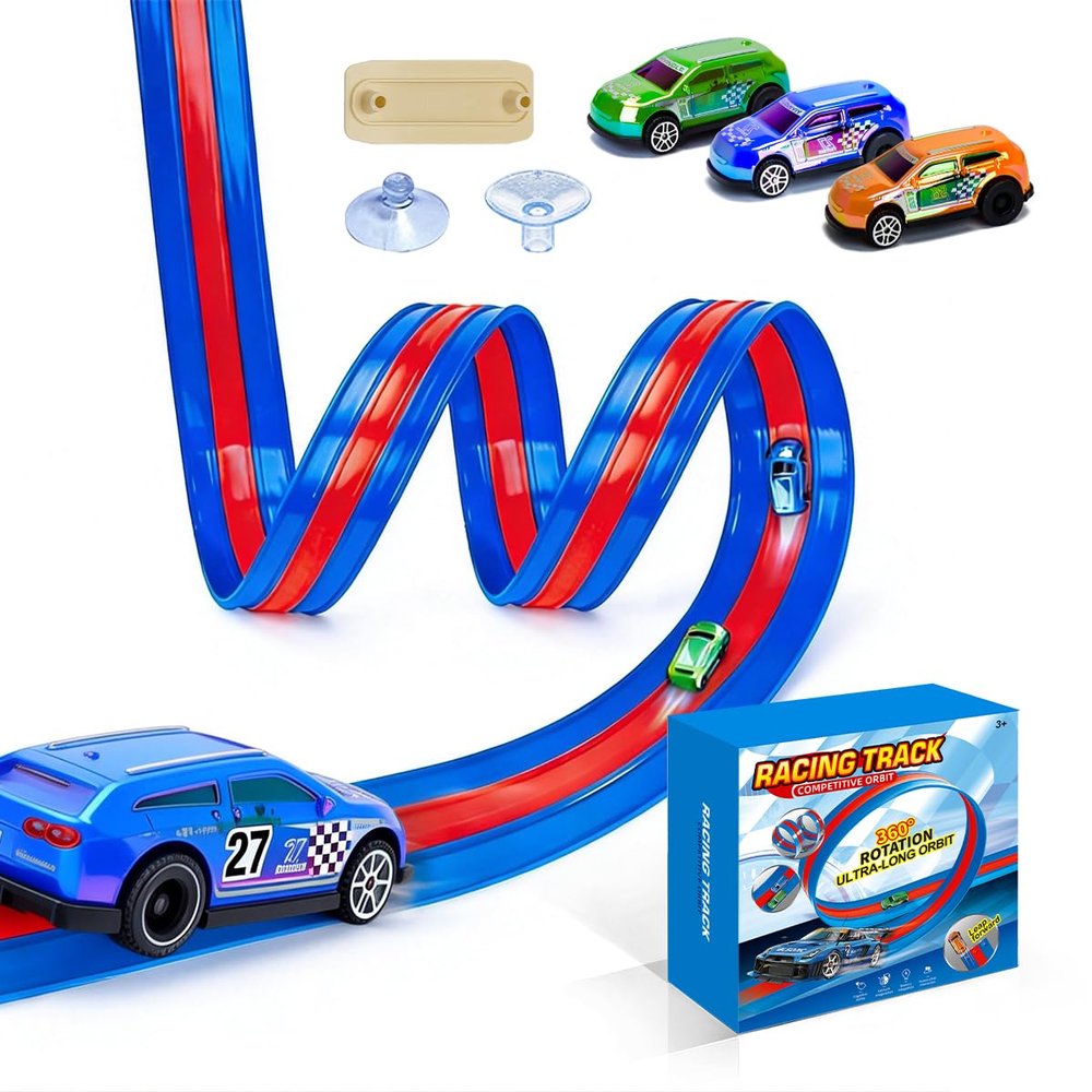 Htoytoy 3-Lane Flexible Race Track for Kids 16.4 FT Race Car Track Compatible with Hot Pull-Back Wheels Diecast 1/64, 3 High-Speed Pullback Cars, DIY Racetrack Toy Strong Suction Cups (3399-Red)