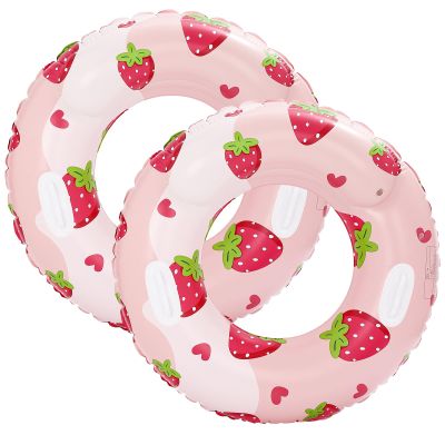 2 Pcs Inflatable Pool Floats for Adults, Swimming Rings with Handles Swim Tube Pool Rings Floaties for Adults Hawaiian Beach Party Decorations, 35 x 14.5 Inch (Strawberry)