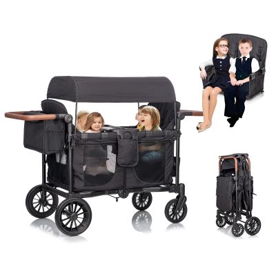 JMHUA Wagon Stroller for 4 Seater High View for 4 Kids, Foldable Push Pull All Terrain Stroller for Toddlers with 5-Point Harness,Snack Tray,Storage,Mom Bag,Perfect for Camping Beach Shopping Travel