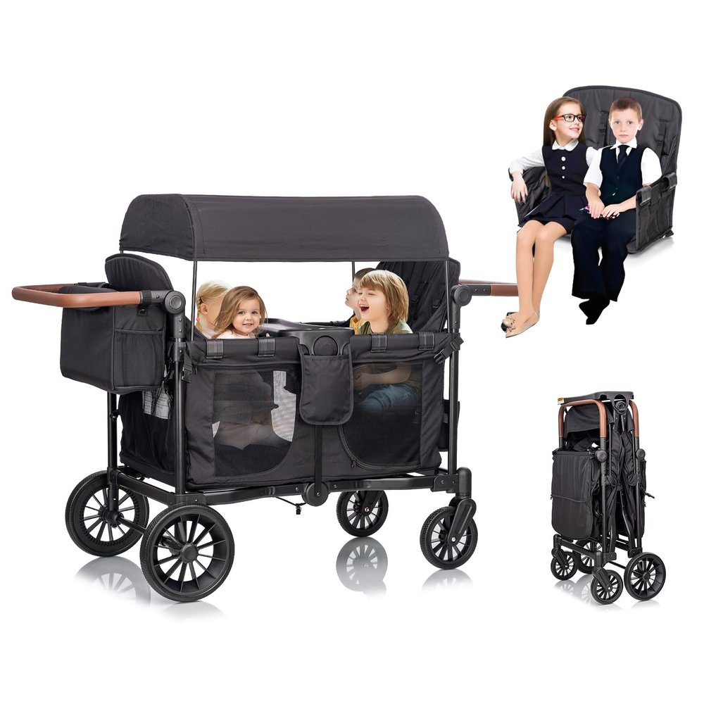 JMHUA Wagon Stroller for 4 Seater High View for 4 Kids, Foldable Push Pull All Terrain Stroller for Toddlers with 5-Point Harness,Snack Tray,Storage,Mom Bag,Perfect for Camping Beach Shopping Travel