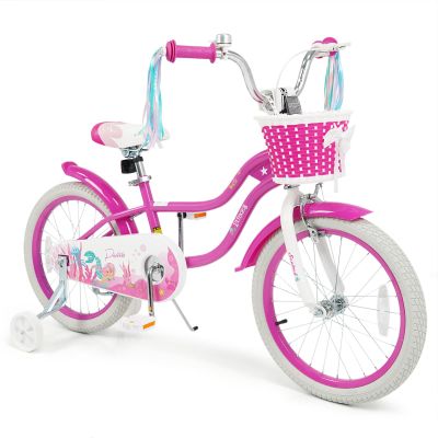 HONEY JOY Kids Bike, 12 14 16 18 Inch Girls Bike w/Training Wheels, Streamers, Basket, Handbrake & Coaster Brake, Fully Enclosed Chain, Mermaid Princess Bike (Rose Red, 20 Inch with Kickstand)