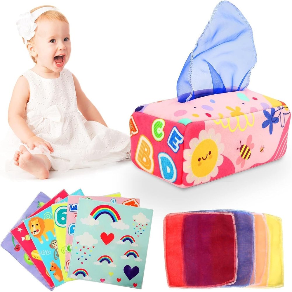 YOGINGO Montessori Tissue Box Toy for Infants - 6-12 Months Sensory Development - BPA Free, Crinkle with Early Learning Activities