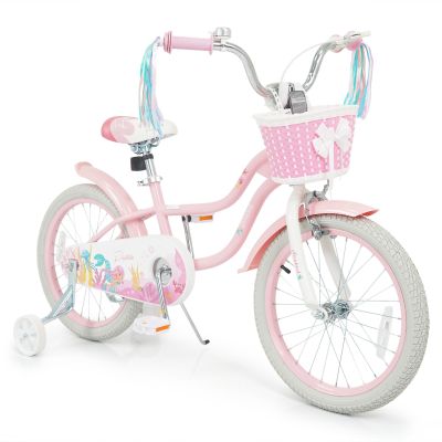 HONEY JOY Kids Bike, 12 14 16 18 Inch Girls Bike w/Training Wheels, Streamers, Basket, Handbrake & Coaster Brake, Fully Enclosed Chain, Mermaid Princess Bike (Pink, 20 Inch with Kickstand)