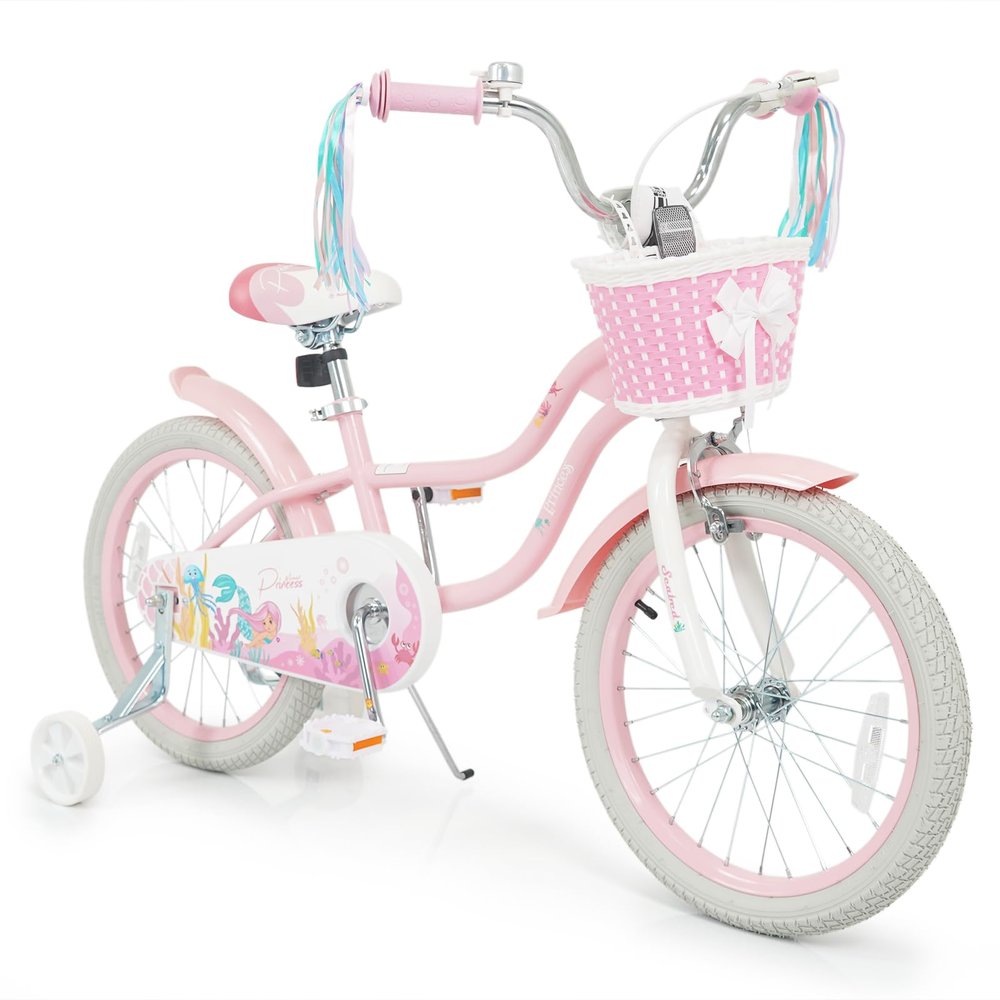 HONEY JOY Kids Bike, 12 14 16 18 Inch Girls Bike w/Training Wheels, Streamers, Basket, Handbrake & Coaster Brake, Fully Enclosed Chain, Mermaid Princess Bike (Pink, 20 Inch with Kickstand)