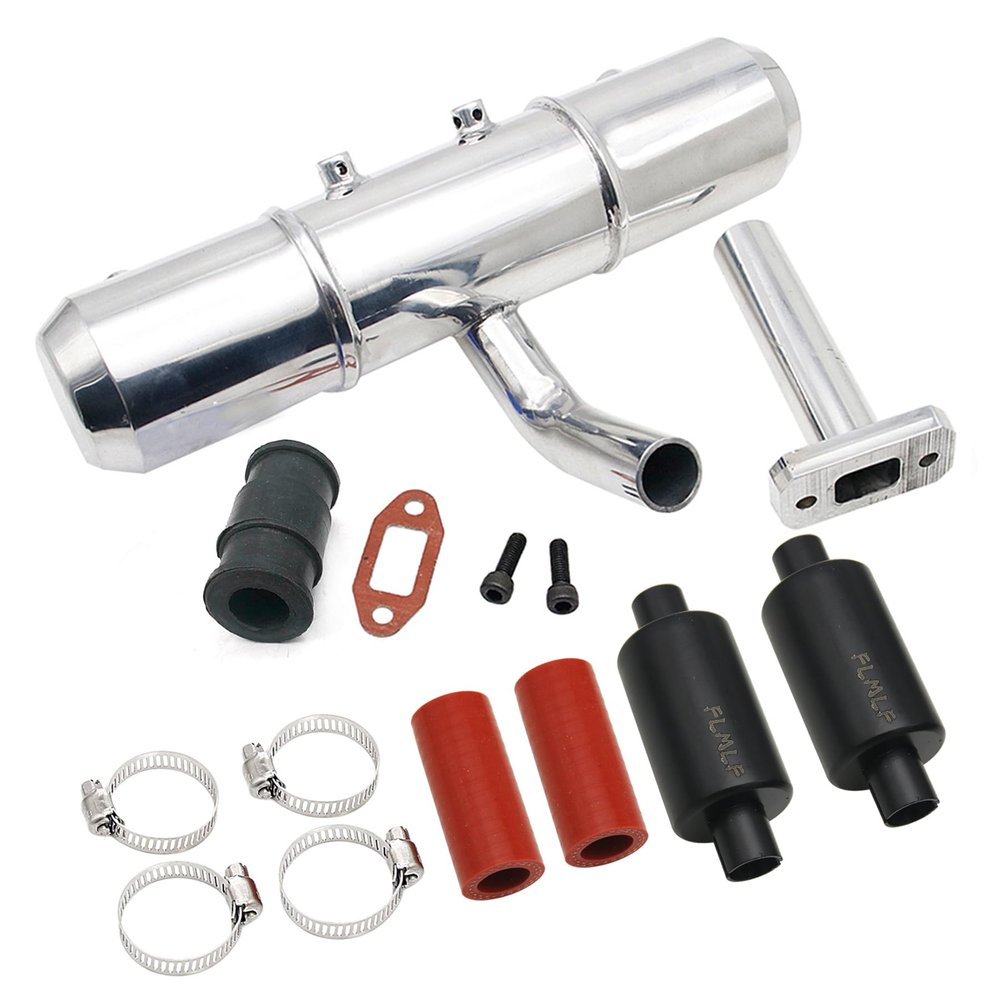FLMLF Aluminium Twin Exhaust Tuned Pipe + Muffler Pipe Kit for 1/5 Rc HPI ROFUN ROVAN KM Baja 5B 5T 5SC SS Truck Buggy (Black Red)