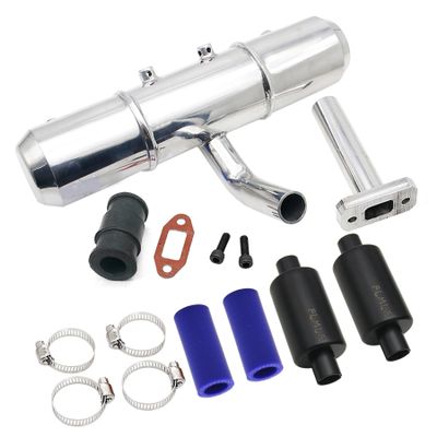 FLMLF Aluminium Twin Exhaust Tuned Pipe + Muffler Pipe Kit for 1/5 Rc HPI ROFUN ROVAN KM Baja 5B 5T 5SC SS Truck Buggy (Black Blue)