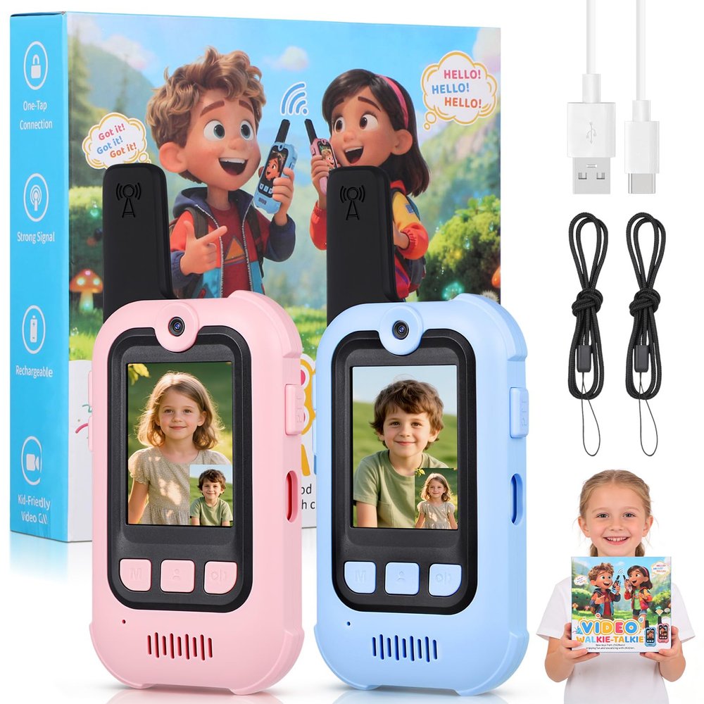 Video Walkie Talkies for Kids with Voice Changer, 2 Pack Rechargeable Kids Walkie Talkies with Real-Time Screen & Sticker Effect & Camera, 1000 Feet Long Range 2 Way Radio Toys for Boys/Girls 3-12