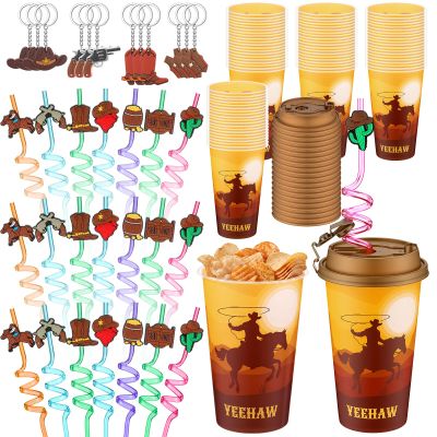 Acellegic 24 Set Western Cups Western Themed Party Favor 16 oz Plastic Cowboy Cups Gifts with Lids and Straws Keychains Reusable Tumbler for Winter Birthday Party Supplies