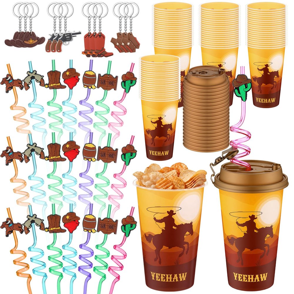 Acellegic 24 Set Western Cups Western Themed Party Favor 16 oz Plastic Cowboy Cups Gifts with Lids and Straws Keychains Reusable Tumbler for Winter Birthday Party Supplies